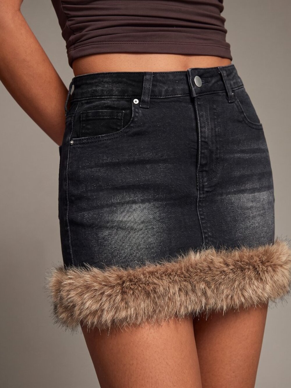 Black Party Women's Patchwork Faux Fur Trim Denim Skirt